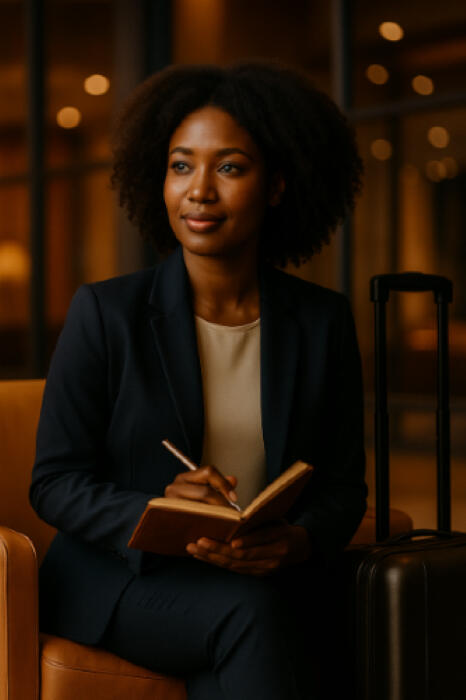 Professional woman traveler journaling in a lounge, symbolizing intentional connection and life in motion