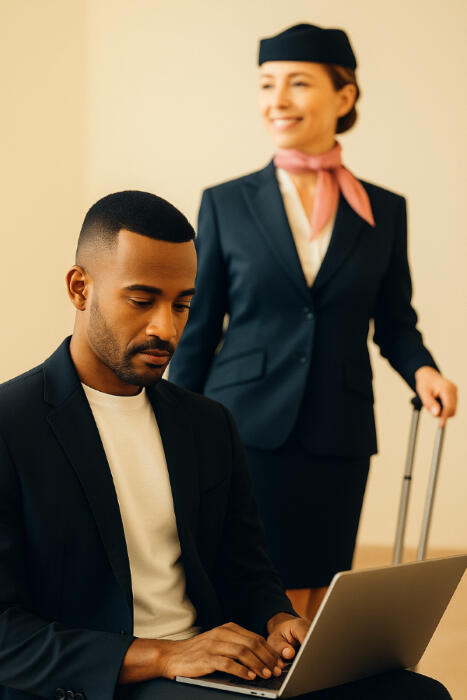 A business traveler on a laptop with an airline crew member in the background
