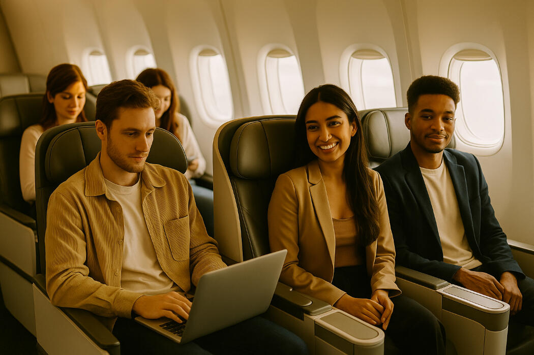 Interior of a business class airplane cabin with young travelers, representing premium membership tiers